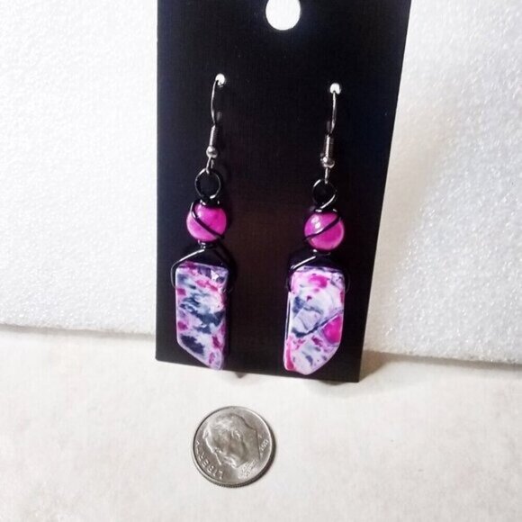Black Gray & Rose Pink Agate + Sugilite Earrings ~ Wire Wrapped & Unique - Picture 1 of 6